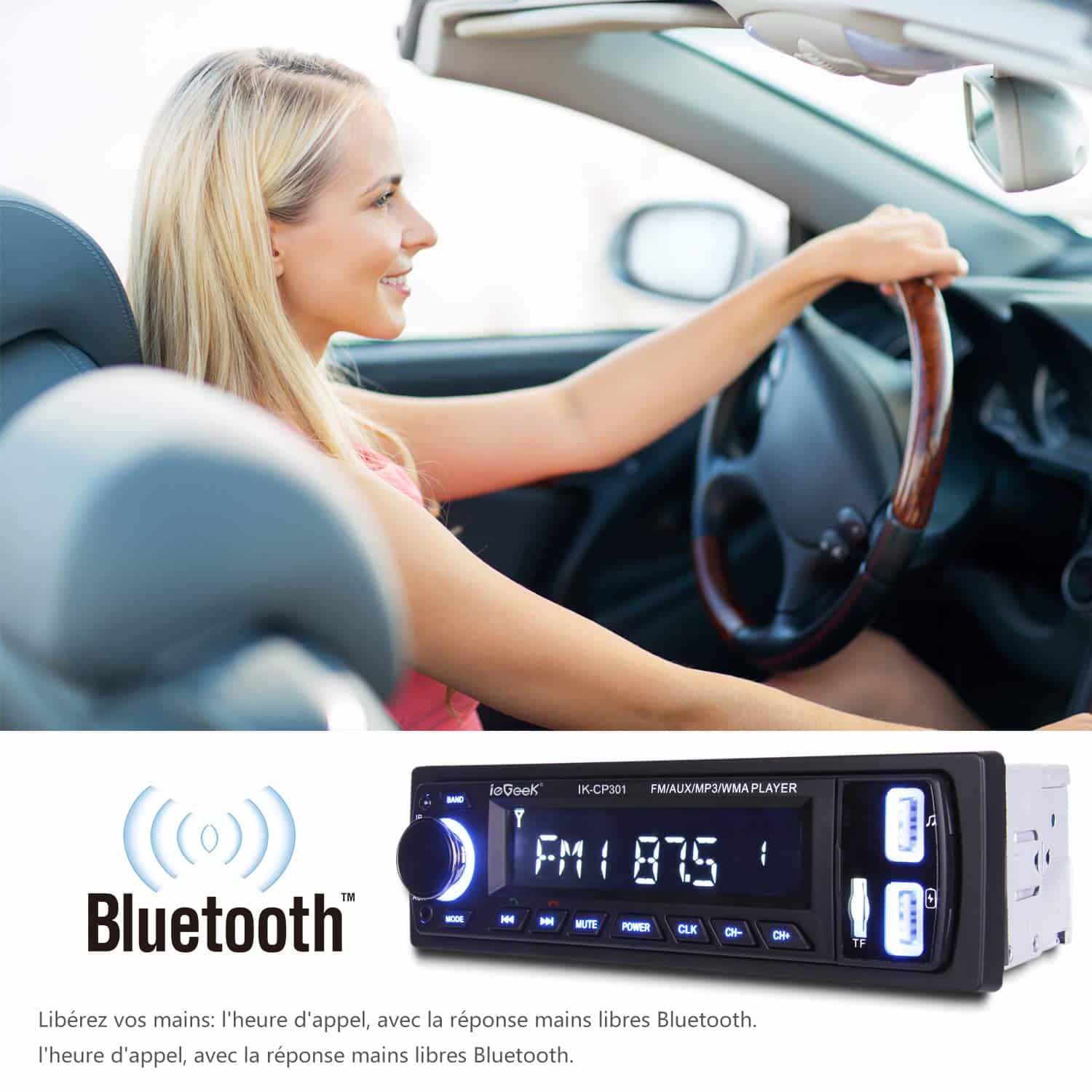 Autoradio Bluetooth, REAKOSOUND Radio 1 DIN 50Wx4 Bluetooth Mains Libres  Autoradio Stéréo Lecteur MP3 Prend en FM/USB/TF/AUX/EQ/WAV/WMA avec